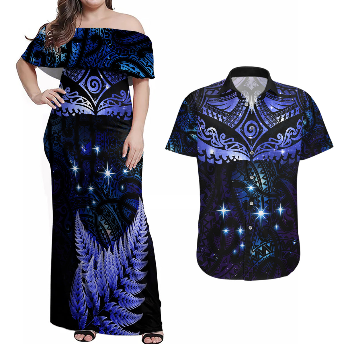 New Zealand Matariki Couples Matching Off Shoulder Maxi Dress and Hawaiian Shirt Maori Pattern and Matariki Sky Night LT03 Blue - Polynesian Pride