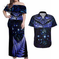 New Zealand Matariki Couples Matching Off Shoulder Maxi Dress and Hawaiian Shirt Maori Pattern and Matariki Sky Night LT03 Blue - Polynesian Pride