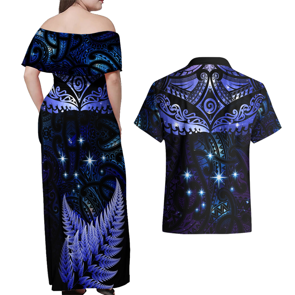 New Zealand Matariki Couples Matching Off Shoulder Maxi Dress and Hawaiian Shirt Maori Pattern and Matariki Sky Night LT03 - Polynesian Pride