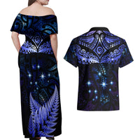 New Zealand Matariki Couples Matching Off Shoulder Maxi Dress and Hawaiian Shirt Maori Pattern and Matariki Sky Night LT03 - Polynesian Pride
