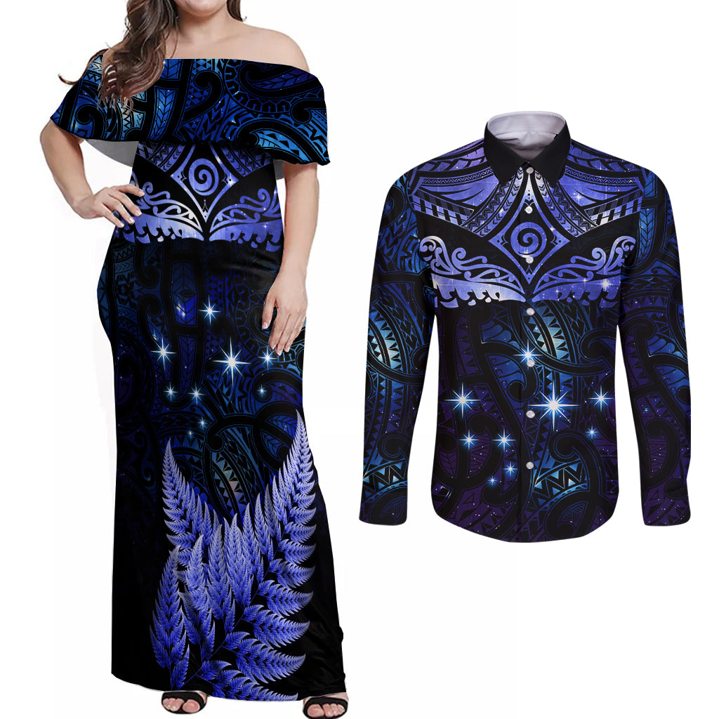 New Zealand Matariki Couples Matching Off Shoulder Maxi Dress and Long Sleeve Button Shirt Maori Pattern and Matariki Sky Night LT03 Blue - Polynesian Pride
