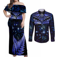 New Zealand Matariki Couples Matching Off Shoulder Maxi Dress and Long Sleeve Button Shirt Maori Pattern and Matariki Sky Night LT03 Blue - Polynesian Pride