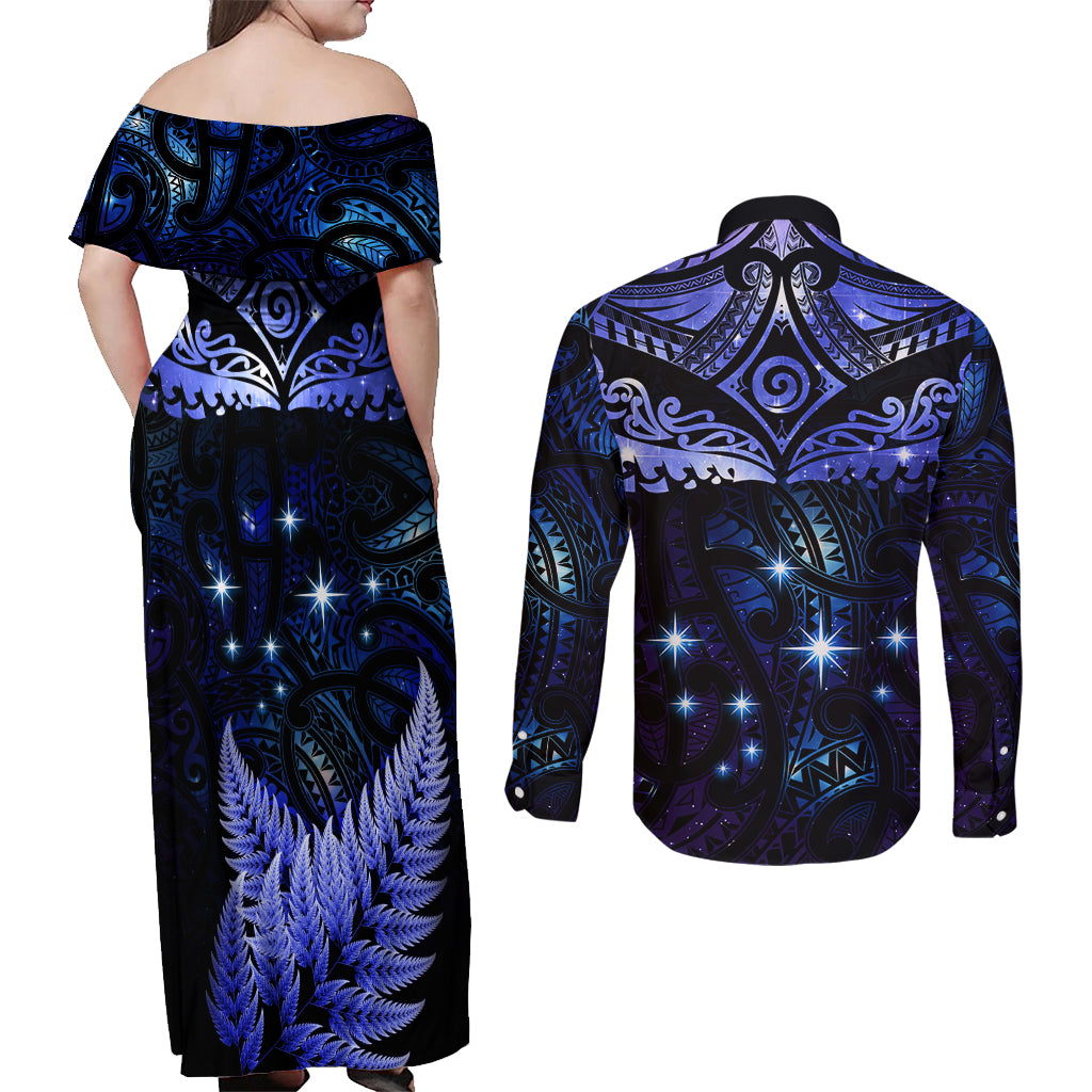 New Zealand Matariki Couples Matching Off Shoulder Maxi Dress and Long Sleeve Button Shirt Maori Pattern and Matariki Sky Night LT03 - Polynesian Pride
