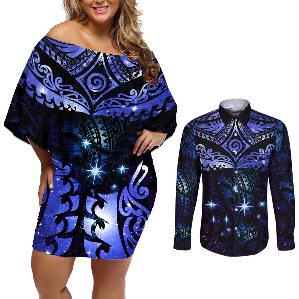 New Zealand Matariki Couples Matching Off Shoulder Short Dress and Long Sleeve Button Shirt Maori Pattern and Matariki Sky Night LT03 Blue - Polynesian Pride