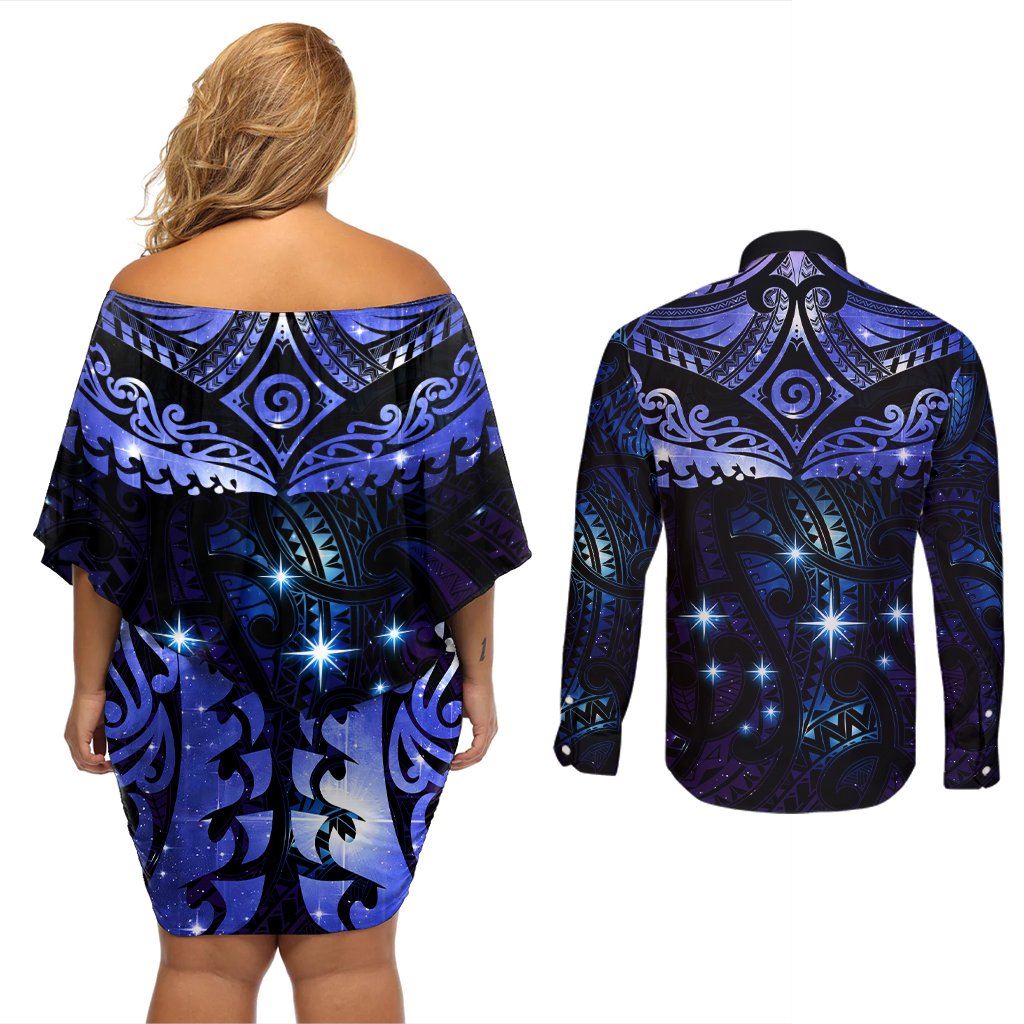 New Zealand Matariki Couples Matching Off Shoulder Short Dress and Long Sleeve Button Shirt Maori Pattern and Matariki Sky Night LT03 - Polynesian Pride