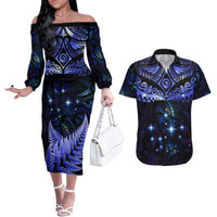 New Zealand Matariki Couples Matching Off The Shoulder Long Sleeve Dress and Hawaiian Shirt Maori Pattern and Matariki Sky Night LT03 Blue - Polynesian Pride