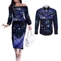 New Zealand Matariki Couples Matching Off The Shoulder Long Sleeve Dress and Long Sleeve Button Shirt Maori Pattern and Matariki Sky Night LT03 Blue - Polynesian Pride