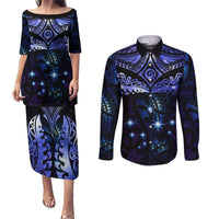 New Zealand Matariki Couples Matching Puletasi and Long Sleeve Button Shirt Maori Pattern and Matariki Sky Night