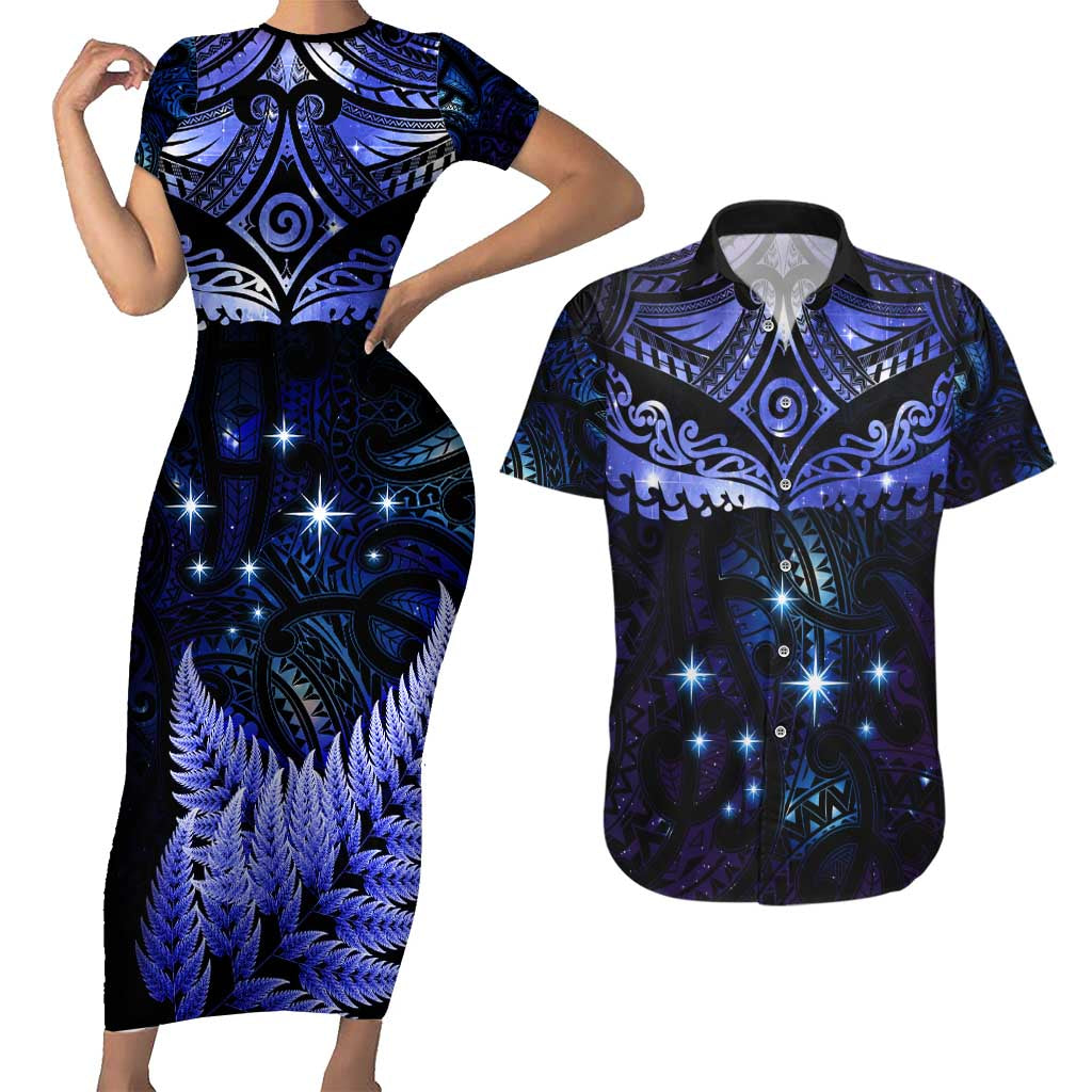 New Zealand Matariki Couples Matching Short Sleeve Bodycon Dress and Hawaiian Shirt Maori Pattern and Matariki Sky Night LT03 Blue - Polynesian Pride