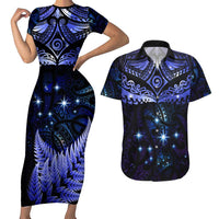 New Zealand Matariki Couples Matching Short Sleeve Bodycon Dress and Hawaiian Shirt Maori Pattern and Matariki Sky Night LT03 Blue - Polynesian Pride