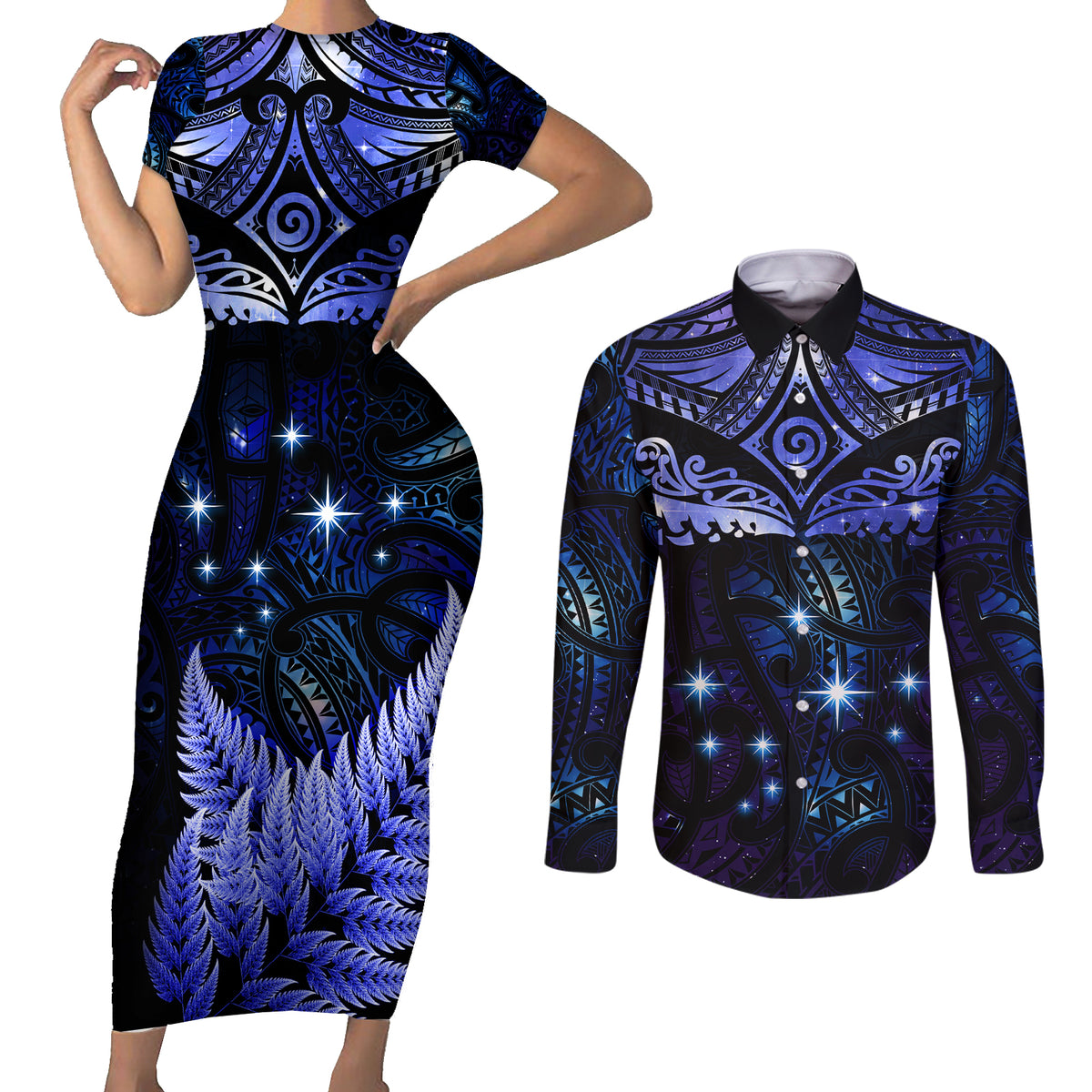 New Zealand Matariki Couples Matching Short Sleeve Bodycon Dress and Long Sleeve Button Shirt Maori Pattern and Matariki Sky Night LT03 Blue - Polynesian Pride