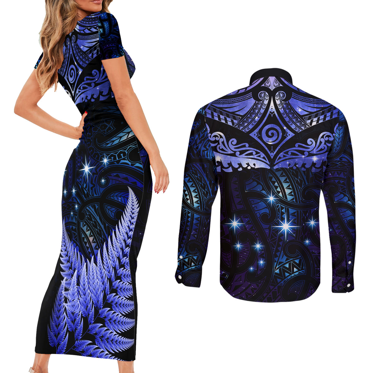 New Zealand Matariki Couples Matching Short Sleeve Bodycon Dress and Long Sleeve Button Shirt Maori Pattern and Matariki Sky Night LT03 - Polynesian Pride