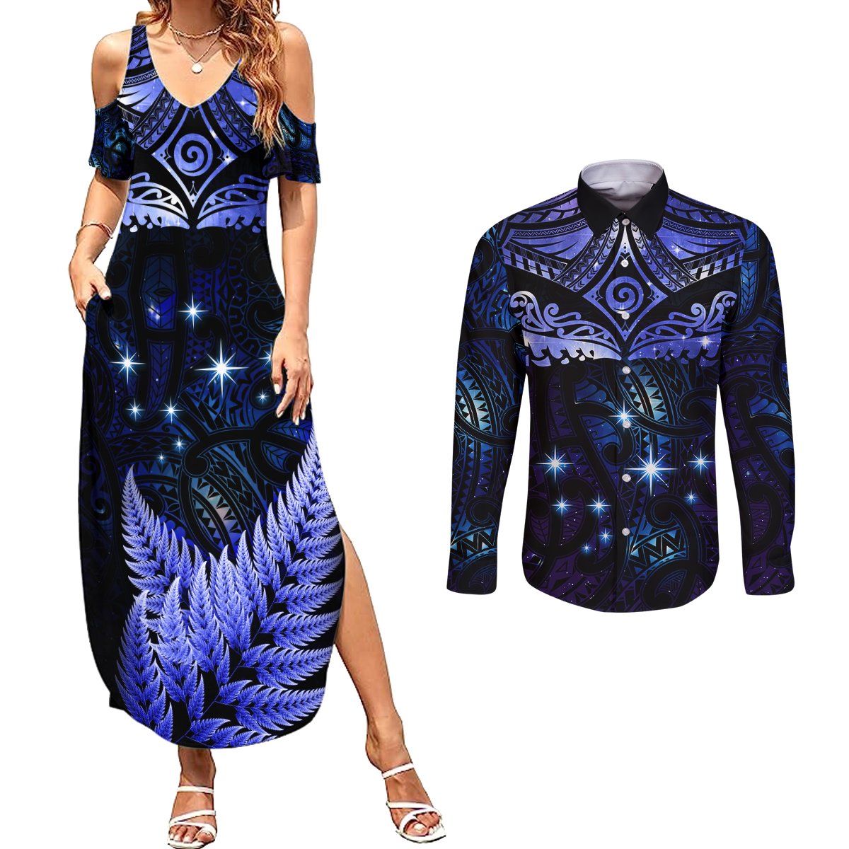 New Zealand Matariki Couples Matching Summer Maxi Dress and Long Sleeve Button Shirt Maori Pattern and Matariki Sky Night LT03 Blue - Polynesian Pride