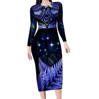 New Zealand Matariki Family Matching Long Sleeve Bodycon Dress and Hawaiian Shirt Maori Pattern and Matariki Sky Night LT03 Mom's Dress Blue - Polynesian Pride