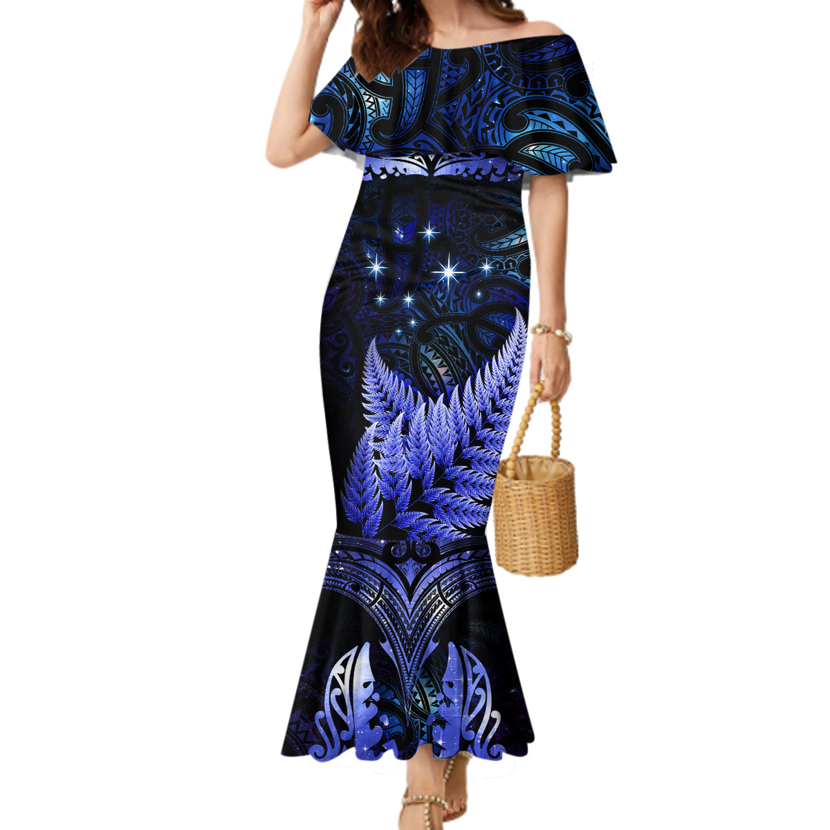New Zealand Matariki Family Matching Mermaid Dress and Hawaiian Shirt Maori Pattern and Matariki Sky Night LT03 Mom's Dress Blue - Polynesian Pride