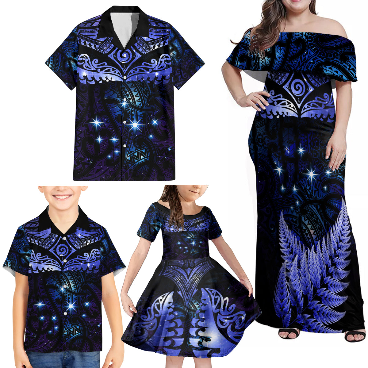 New Zealand Matariki Family Matching Off Shoulder Maxi Dress and Hawaiian Shirt Maori Pattern and Matariki Sky Night LT03 - Polynesian Pride
