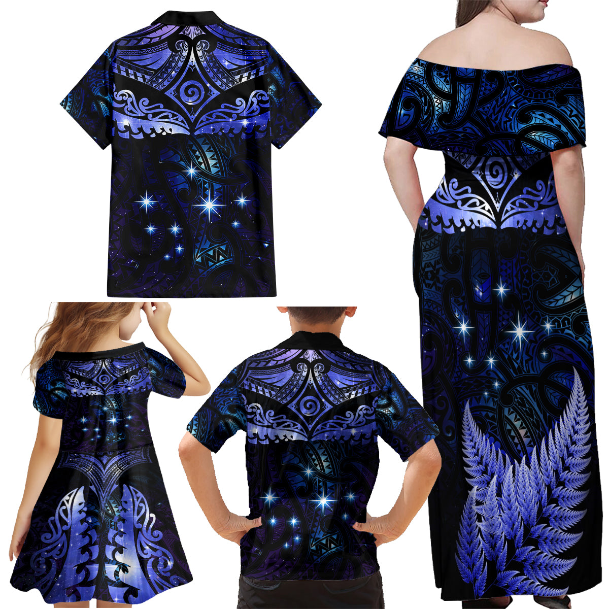 New Zealand Matariki Family Matching Off Shoulder Maxi Dress and Hawaiian Shirt Maori Pattern and Matariki Sky Night LT03 - Polynesian Pride