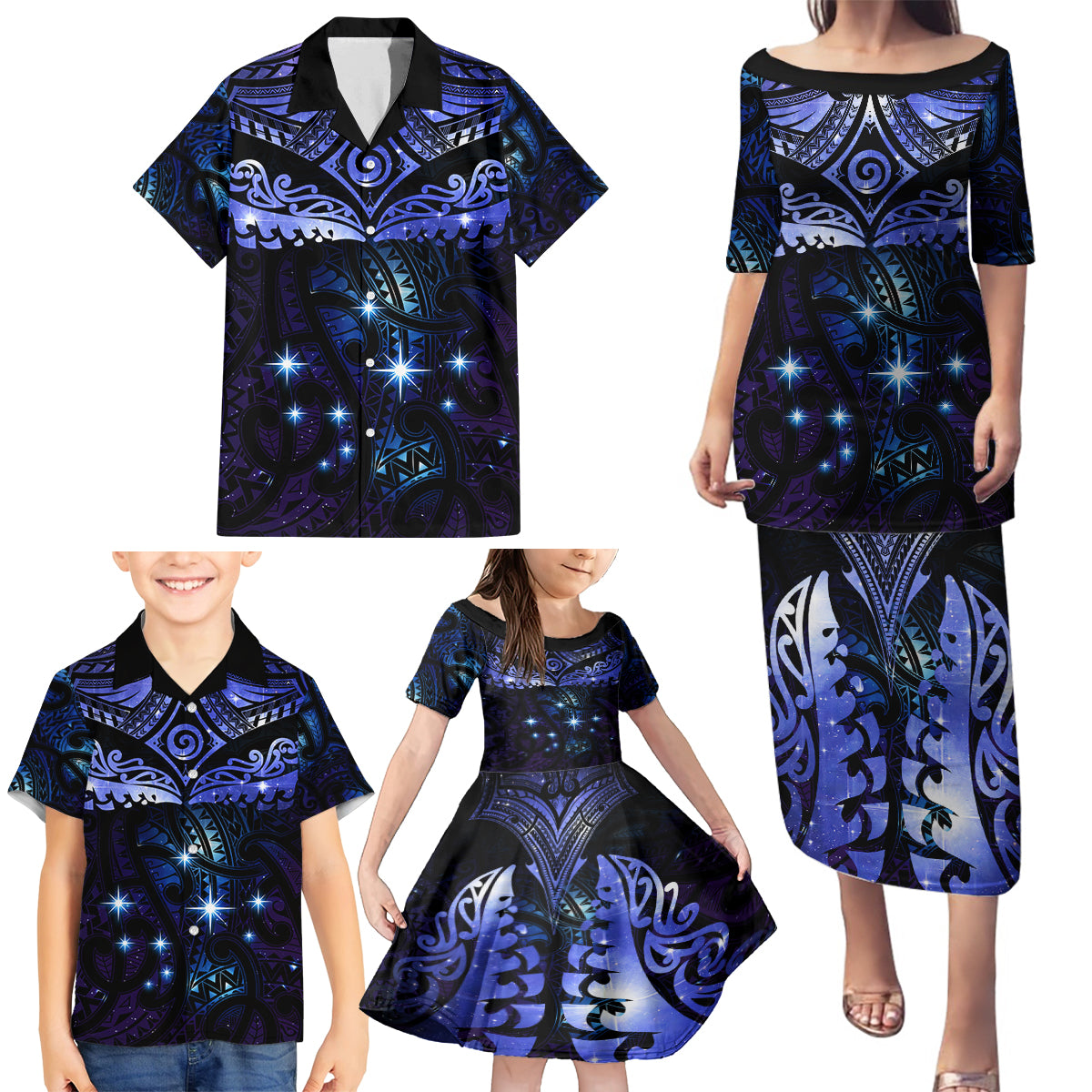 New Zealand Matariki Family Matching Puletasi and Hawaiian Shirt Maori Pattern and Matariki Sky Night LT03 - Polynesian Pride