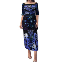 New Zealand Matariki Family Matching Puletasi and Hawaiian Shirt Maori Pattern and Matariki Sky Night LT03 Mom's Dress Blue - Polynesian Pride