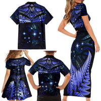 New Zealand Matariki Family Matching Short Sleeve Bodycon Dress and Hawaiian Shirt Maori Pattern and Matariki Sky Night LT03 - Polynesian Pride