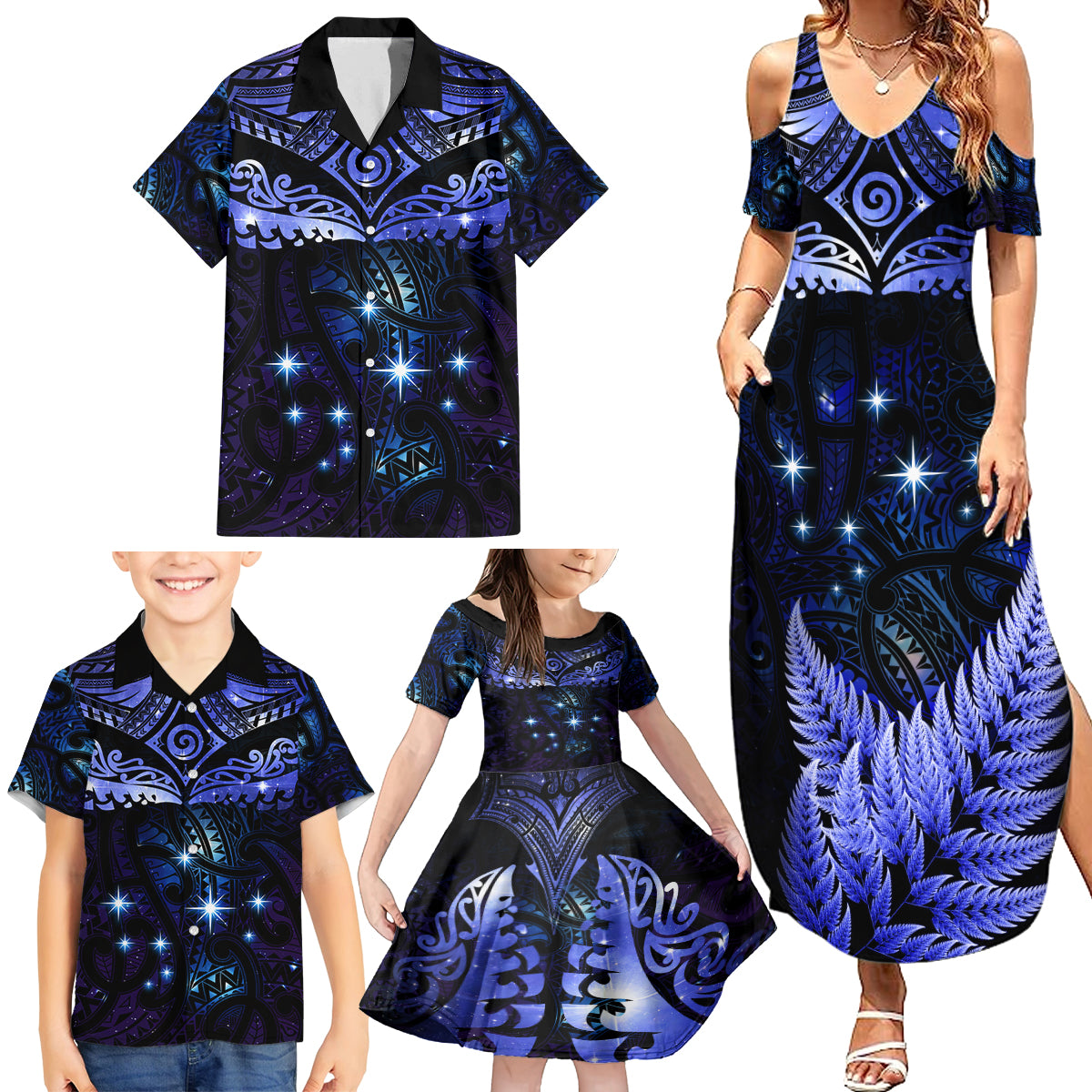 New Zealand Matariki Family Matching Summer Maxi Dress and Hawaiian Shirt Maori Pattern and Matariki Sky Night LT03 - Polynesian Pride