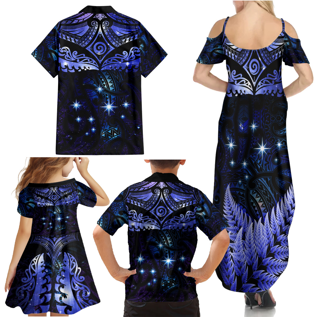 New Zealand Matariki Family Matching Summer Maxi Dress and Hawaiian Shirt Maori Pattern and Matariki Sky Night LT03 - Polynesian Pride