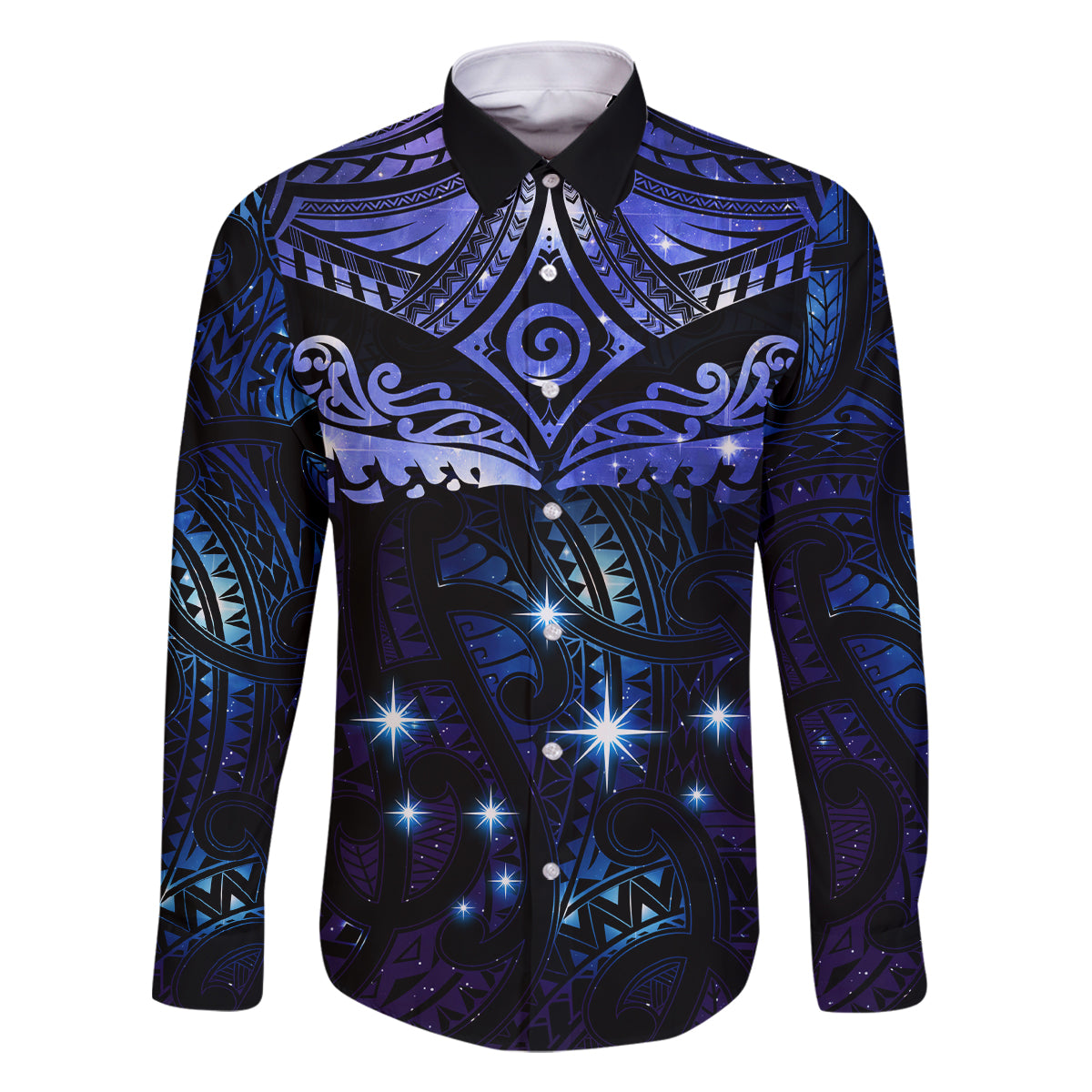 New Zealand Matariki Family Matching Summer Maxi Dress and Hawaiian Shirt Maori Pattern and Matariki Sky Night LT03 Dad's Shirt - Long Sleeve Blue - Polynesian Pride