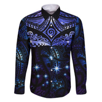 New Zealand Matariki Family Matching Tank Maxi Dress and Hawaiian Shirt Maori Pattern and Matariki Sky Night LT03 Dad's Shirt - Long Sleeve Blue - Polynesian Pride