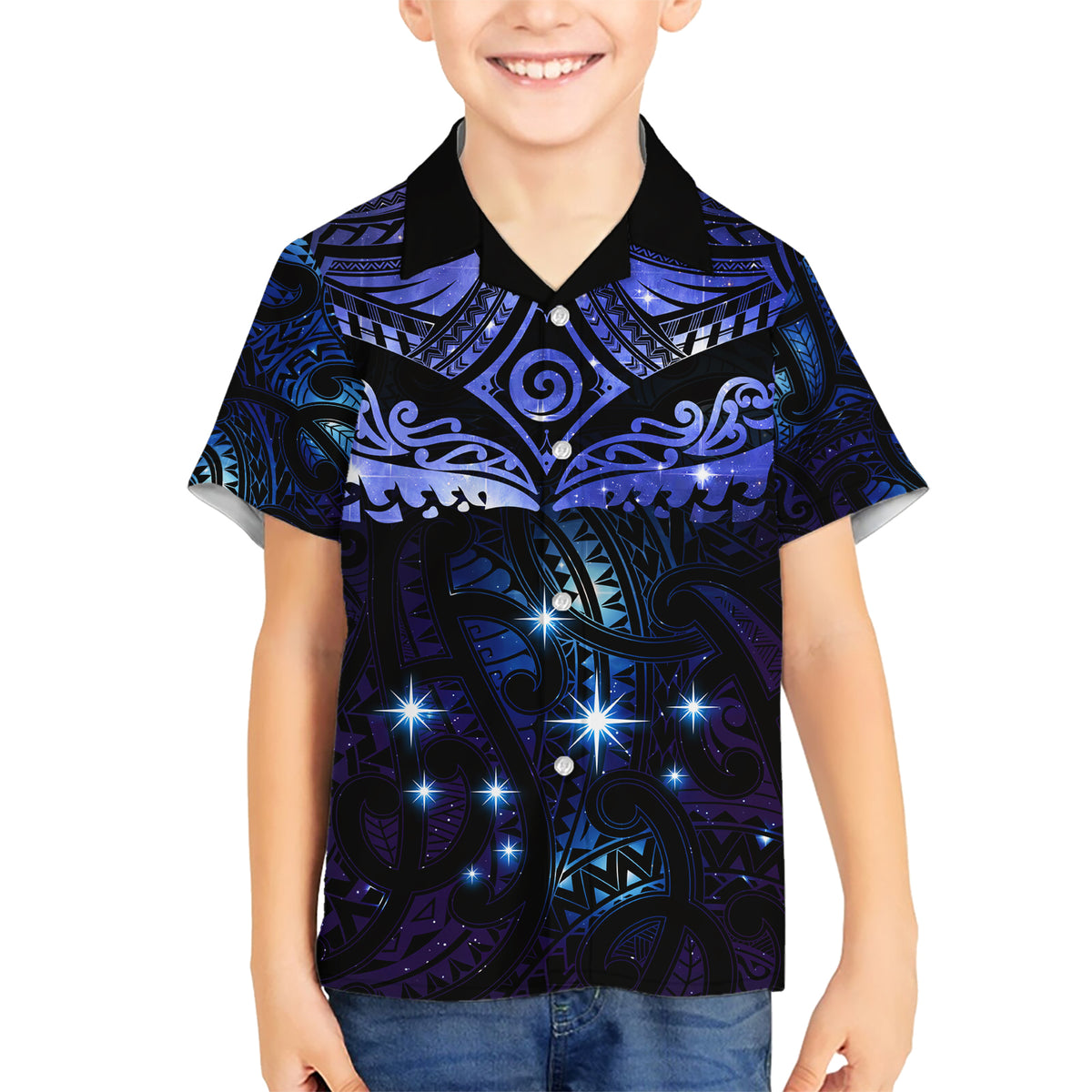 New Zealand Matariki Kid Hawaiian Shirt Maori Pattern and Matariki Sky Night LT03 Kid Blue - Polynesian Pride