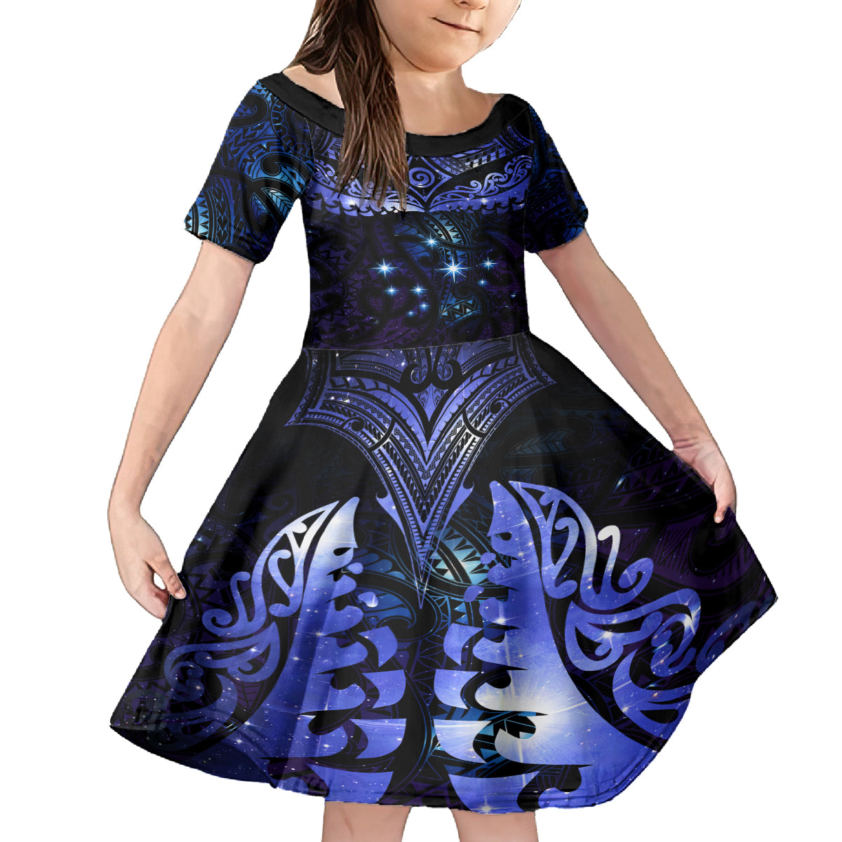 New Zealand Matariki Kid Short Sleeve Dress Maori Pattern and Matariki Sky Night LT03 KID Blue - Polynesian Pride