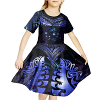 New Zealand Matariki Kid Short Sleeve Dress Maori Pattern and Matariki Sky Night LT03 - Polynesian Pride
