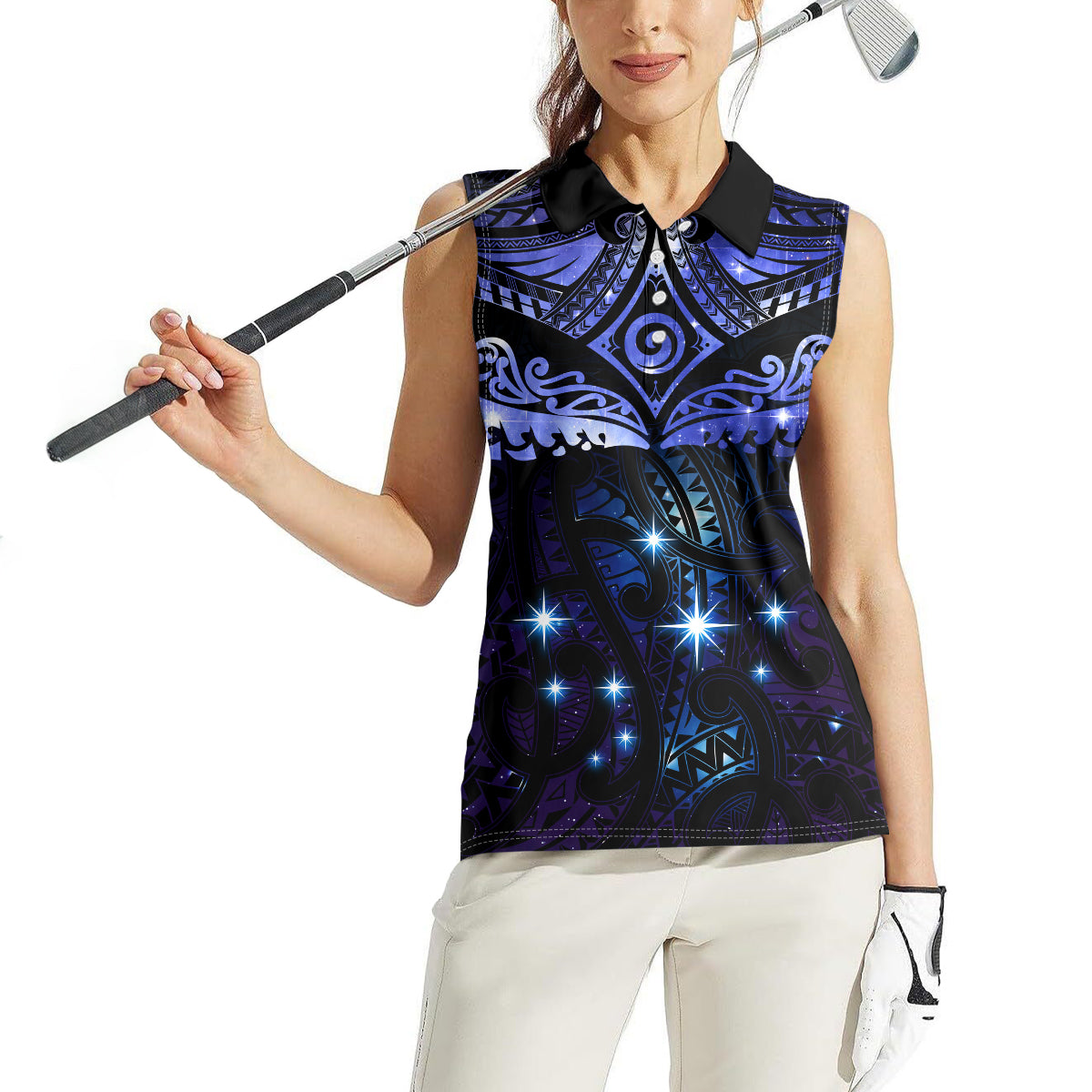 New Zealand Matariki Women Sleeveless Polo Shirt Maori Pattern and Matariki Sky Night LT03 - Polynesian Pride