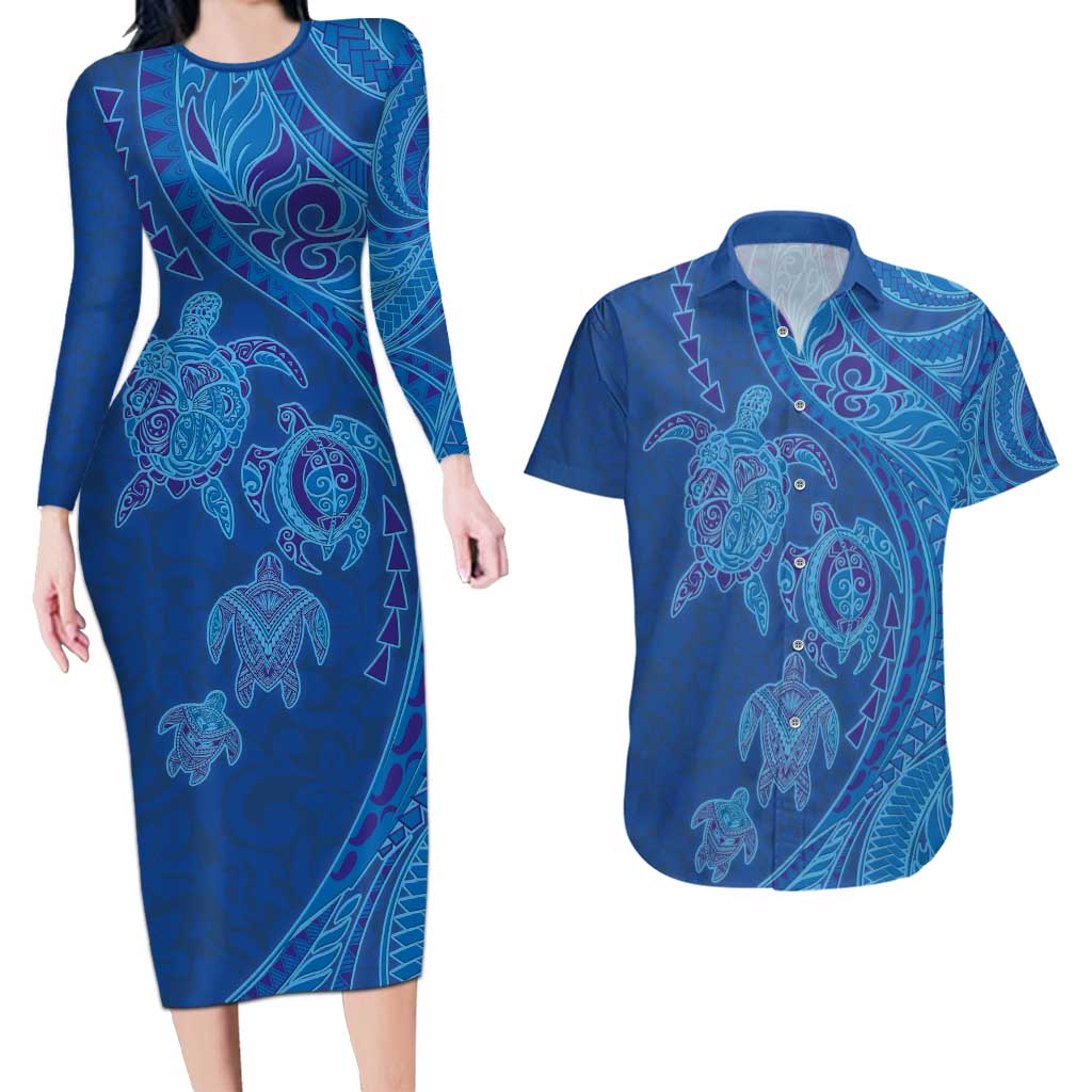 Hawaiian Turtles and Polynesian Art Tattoo Couples Matching Long Sleeve Bodycon Dress and Hawaiian Shirt Ocean Abyss LT03 Blue - Polynesian Pride