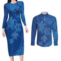 Hawaiian Turtles and Polynesian Art Tattoo Couples Matching Long Sleeve Bodycon Dress and Long Sleeve Button Shirt Ocean Abyss LT03 Blue - Polynesian Pride