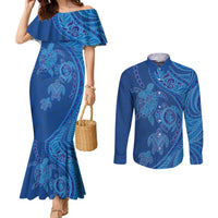 Hawaiian Turtles and Polynesian Art Tattoo Couples Matching Mermaid Dress and Long Sleeve Button Shirt Ocean Abyss LT03 Blue - Polynesian Pride