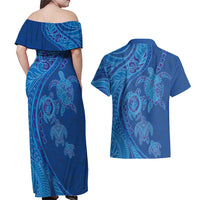 Hawaiian Turtles and Polynesian Art Tattoo Couples Matching Off Shoulder Maxi Dress and Hawaiian Shirt Ocean Abyss LT03 - Polynesian Pride
