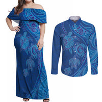 Hawaiian Turtles and Polynesian Art Tattoo Couples Matching Off Shoulder Maxi Dress and Long Sleeve Button Shirt Ocean Abyss LT03 Blue - Polynesian Pride