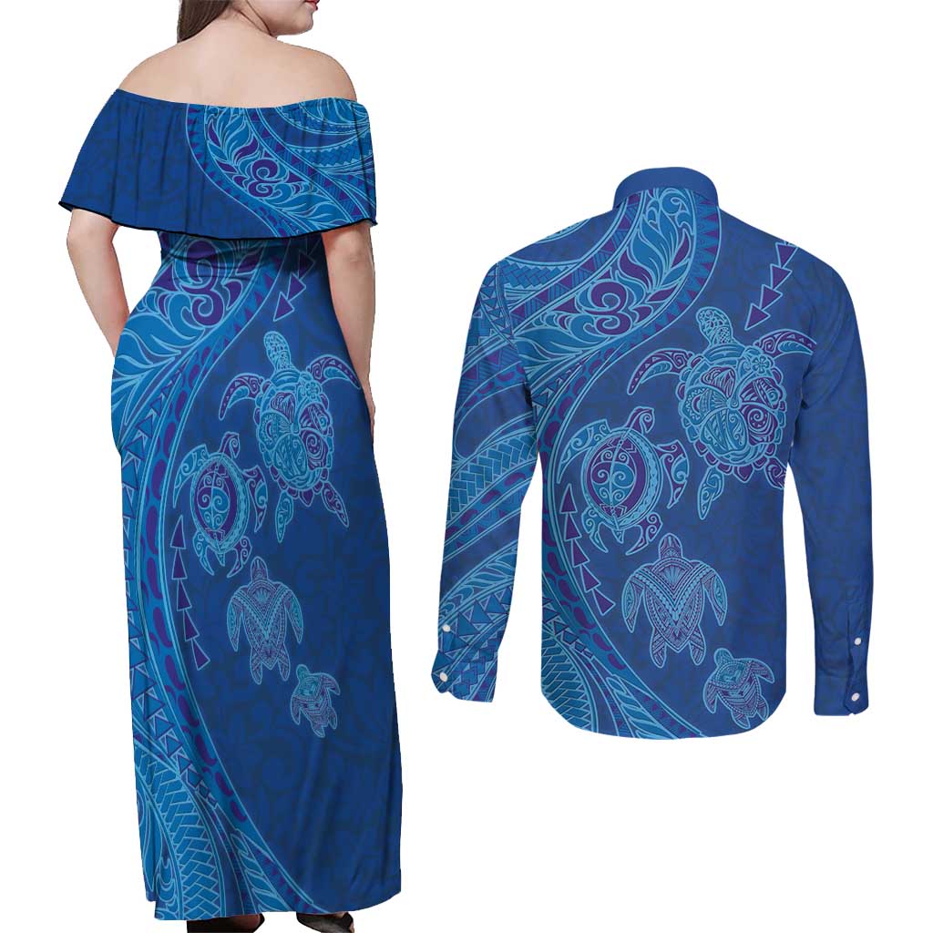 Hawaiian Turtles and Polynesian Art Tattoo Couples Matching Off Shoulder Maxi Dress and Long Sleeve Button Shirt Ocean Abyss LT03 - Polynesian Pride