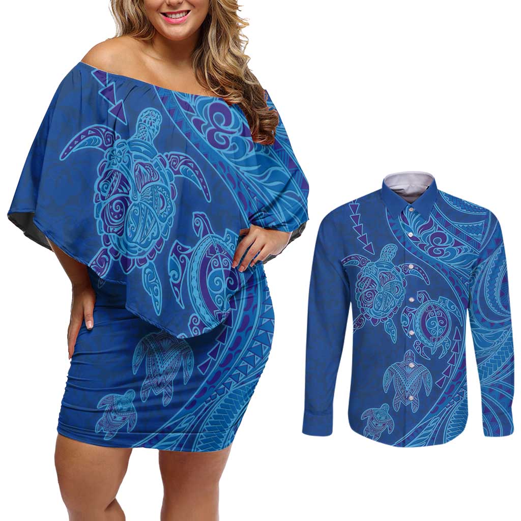 Hawaiian Turtles and Polynesian Art Tattoo Couples Matching Off Shoulder Short Dress and Long Sleeve Button Shirt Ocean Abyss LT03 Blue - Polynesian Pride