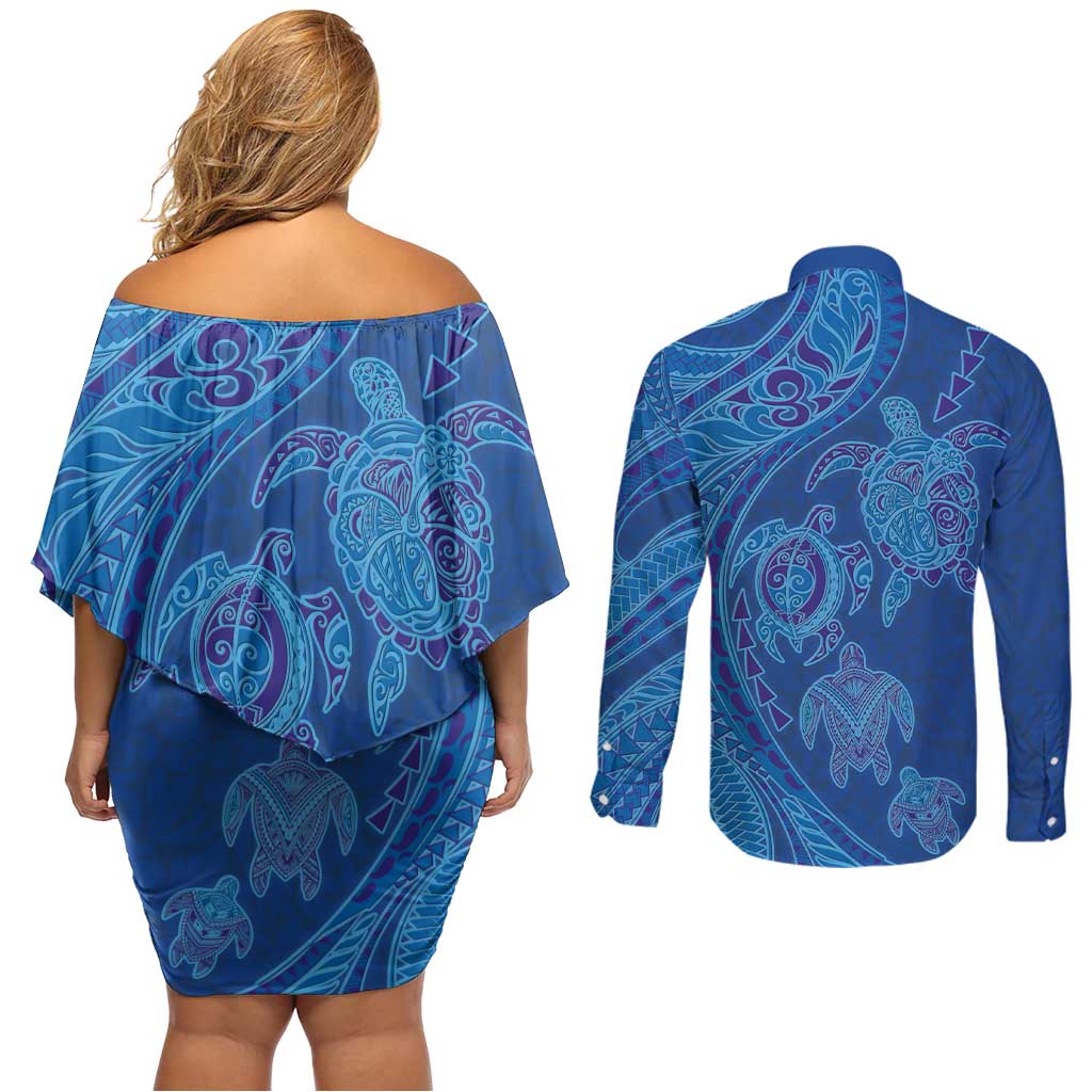 Hawaiian Turtles and Polynesian Art Tattoo Couples Matching Off Shoulder Short Dress and Long Sleeve Button Shirt Ocean Abyss LT03 - Polynesian Pride