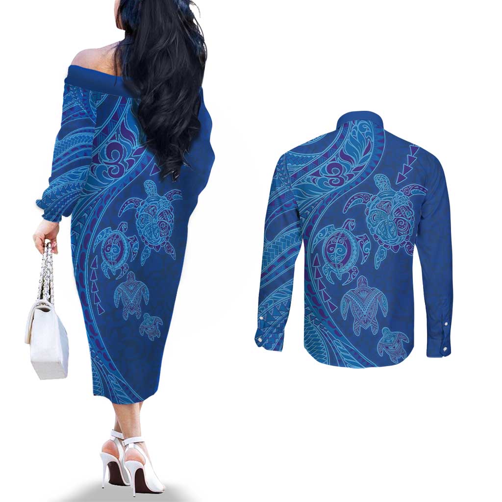 Hawaiian Turtles and Polynesian Art Tattoo Couples Matching Off The Shoulder Long Sleeve Dress and Long Sleeve Button Shirt Ocean Abyss LT03 - Polynesian Pride