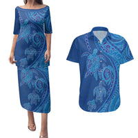Hawaiian Turtles and Polynesian Art Tattoo Couples Matching Puletasi and Hawaiian Shirt Ocean Abyss LT03 Blue - Polynesian Pride