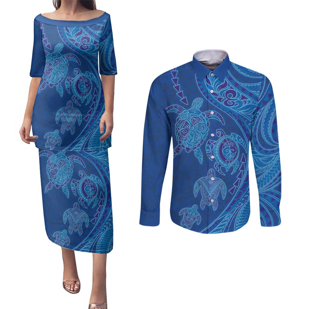 Hawaiian Turtles and Polynesian Art Tattoo Couples Matching Puletasi and Long Sleeve Button Shirt Ocean Abyss LT03 Blue - Polynesian Pride