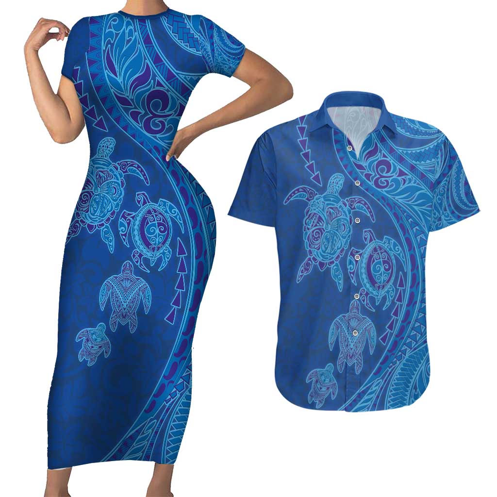 Hawaiian Turtles and Polynesian Art Tattoo Couples Matching Short Sleeve Bodycon Dress and Hawaiian Shirt Ocean Abyss LT03 Blue - Polynesian Pride