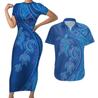 Hawaiian Turtles and Polynesian Art Tattoo Couples Matching Short Sleeve Bodycon Dress and Hawaiian Shirt Ocean Abyss LT03 Blue - Polynesian Pride