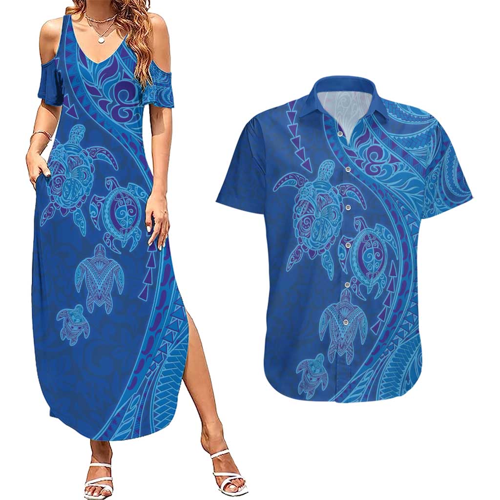 Hawaiian Turtles and Polynesian Art Tattoo Couples Matching Summer Maxi Dress and Hawaiian Shirt Ocean Abyss LT03 Blue - Polynesian Pride