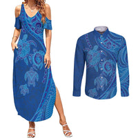 Hawaiian Turtles and Polynesian Art Tattoo Couples Matching Summer Maxi Dress and Long Sleeve Button Shirt Ocean Abyss LT03 Blue - Polynesian Pride