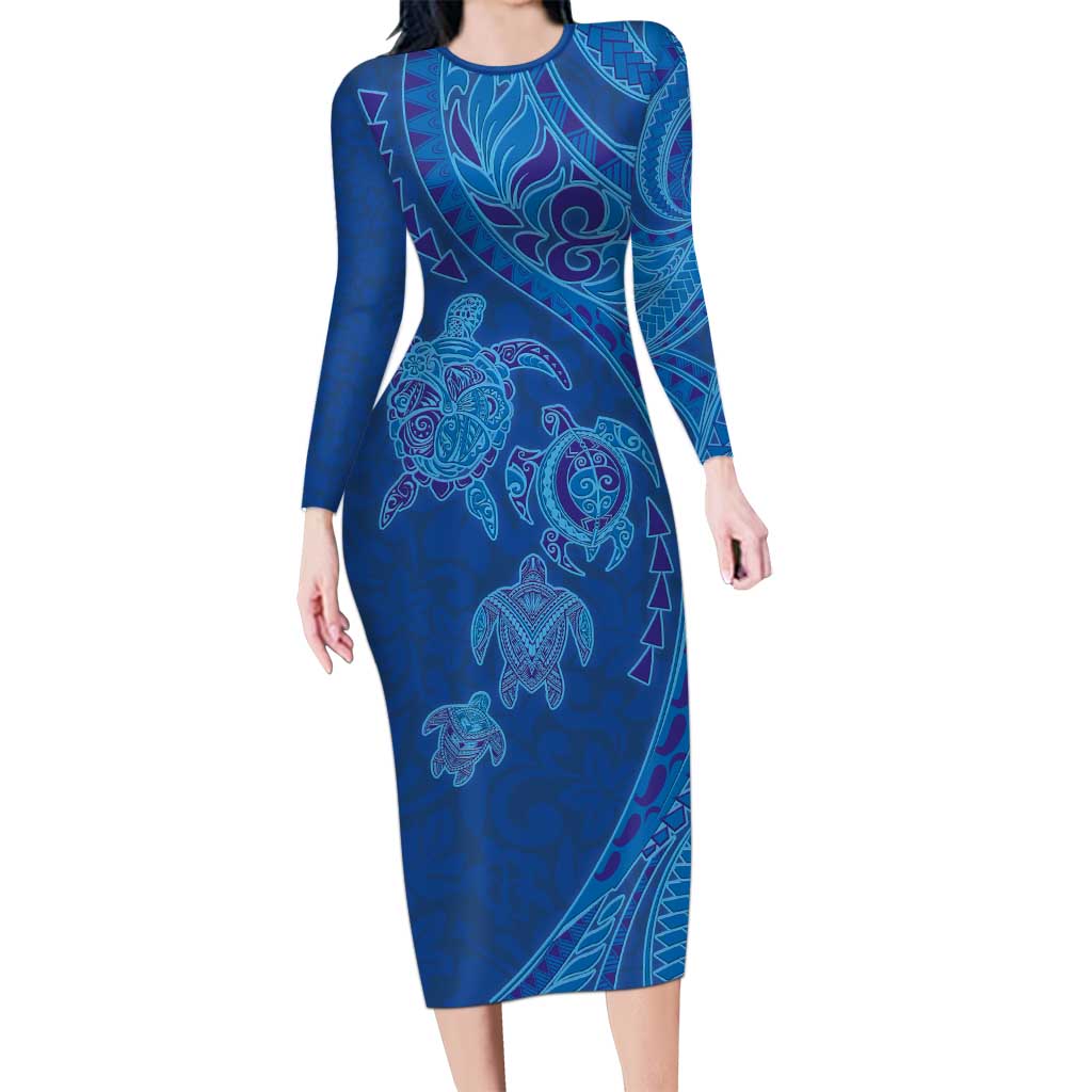 Hawaiian Turtles and Polynesian Art Tattoo Family Matching Long Sleeve Bodycon Dress and Hawaiian Shirt Ocean Abyss LT03 Mom's Dress Blue - Polynesian Pride