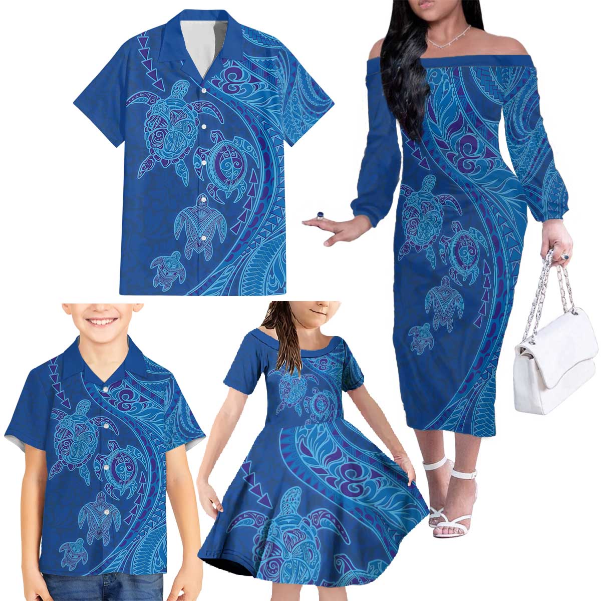 Hawaiian Turtles and Polynesian Art Tattoo Family Matching Off The Shoulder Long Sleeve Dress and Hawaiian Shirt Ocean Abyss LT03 - Polynesian Pride
