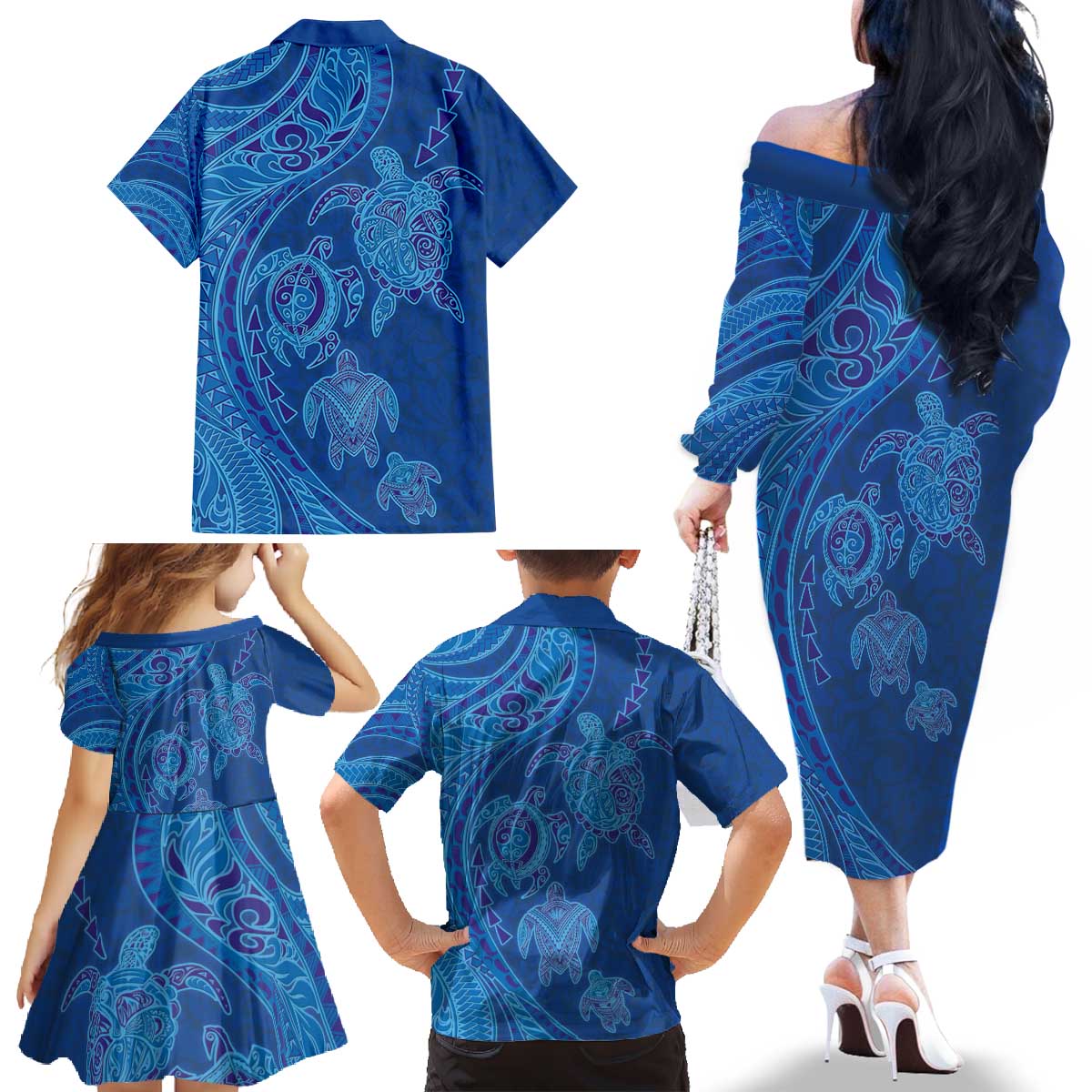 Hawaiian Turtles and Polynesian Art Tattoo Family Matching Off The Shoulder Long Sleeve Dress and Hawaiian Shirt Ocean Abyss LT03 - Polynesian Pride